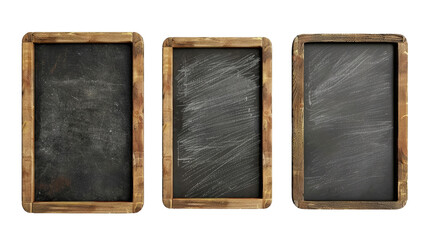 Fototapeta premium Three blank wooden framed chalkboard signs with different textures, ready for your message in isolated on transparent background