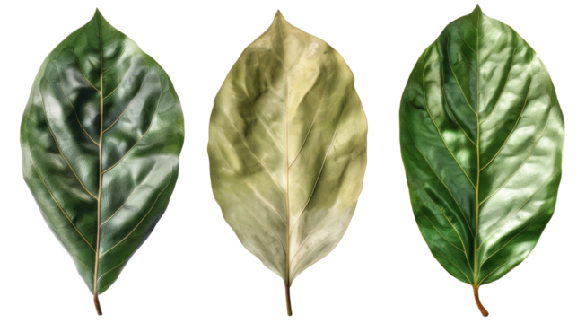 Three green leaves, one with a yellow patch in isolated on transparent background