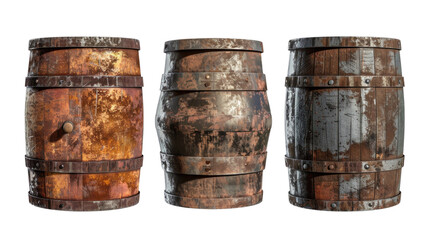 Obraz premium Three weathered wooden barrels with rusty metal hoops in isolated on transparent background