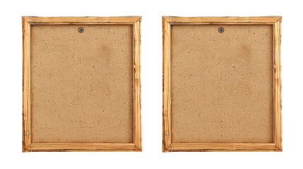 Two empty picture frames with brown wooden frames in isolated on transparent background