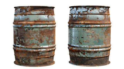 Fototapeta premium Two rusty metal barrels with peeling paint stand side by side in isolated on transparent background
