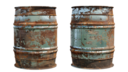 Two rusty metal barrels with peeling paint stand side by side in isolated on transparent background