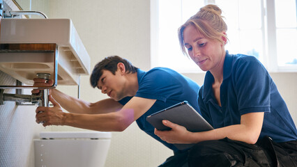 Female Plumber Holding Digital Tablet With Male Trainee Fixing Leak In Domestic Bathroom Sink