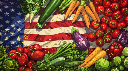 Colorful fresh vegetables arranged over an American flag background. Includes carrots, tomatoes, eggplant, cucumber, and greens.