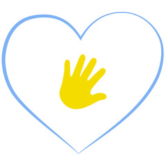 Yellow human hand and blue heart vector isolated on white background. Baby hand.