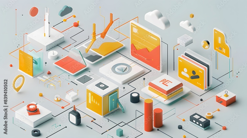 Poster a colorful and abstract image of technology and gadgets. the image is a representation of the interc