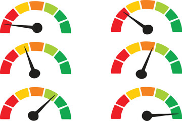 Speedometer different positions. Speed valuation icons, colored speedometer, tachometer signs, satisfaction barometer, fast speed signs and multi purpose performance measurement symbols. eps 10.