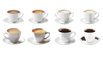 Fototapeta premium Assortment of coffee beverages in white cups and saucersr in isolated on transparent background