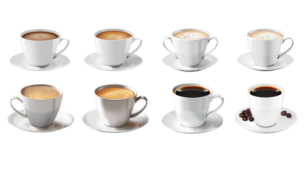 Assortment of coffee beverages in white cups and saucersr in isolated on transparent background