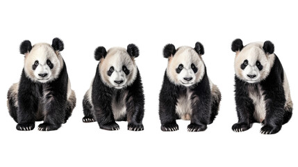 Obraz premium Four adorable panda cubs sit in a row, looking directly at the camera. Their black and white fur is soft and fluffy in isolated on transparent background