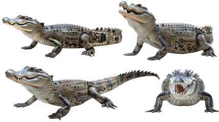 Fototapeta premium Four alligators in different poses, including side view, front view, and rear view in isolated on transparent background