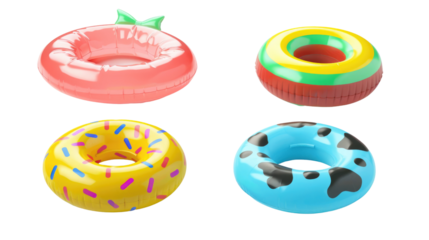 Four colorful inflatable donut pool floats.  Pink, yellow, blue, and green with various designs in isolated on transparent background