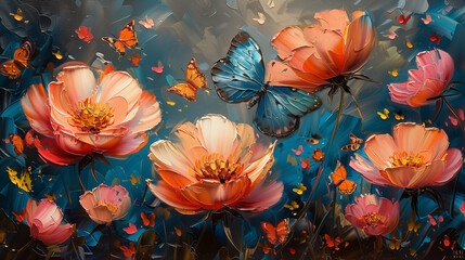 Bright oil painting of butterflies and peonies. Colorful summer backdrop.