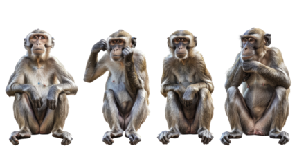 Four monkeys, each covering a different part of their face in isolated on transparent background