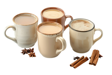 Four mugs of coffee with milk and spices.  A warm and inviting image for cafes, restaurants and coffee shopsr in isolated on transparent background