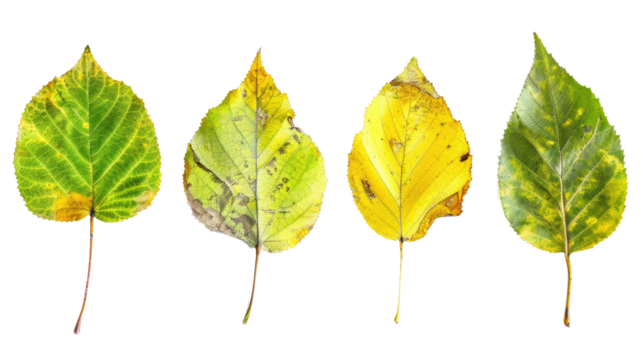Four leaves in a row, transitioning from green to yellow, showcasing the stages of autumn foliage in isolated on transparent background