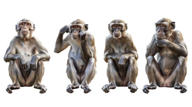 Four monkeys, each covering a different part of their face in isolated on transparent background