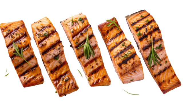 Four perfectly grilled salmon fillets, with grill marks and fresh herbs, arranged in a staggered pattern in isolated on transparent background