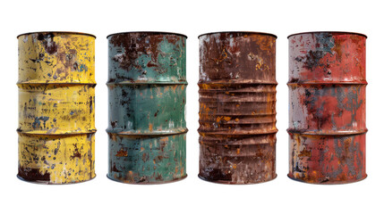 Four rusty metal barrels in different colors and stages of decay in isolated on transparent background