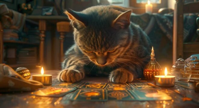 A mystical cat fortune teller surrounded by an array of tarot cards peering into the future with glowing eyes in a candlelit room