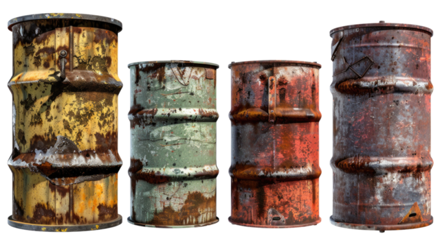 Four rusty metal barrels in various stages of decay in isolated on transparent background
