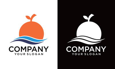 Fresh Orange on  ocean beach holiday logo design concept.