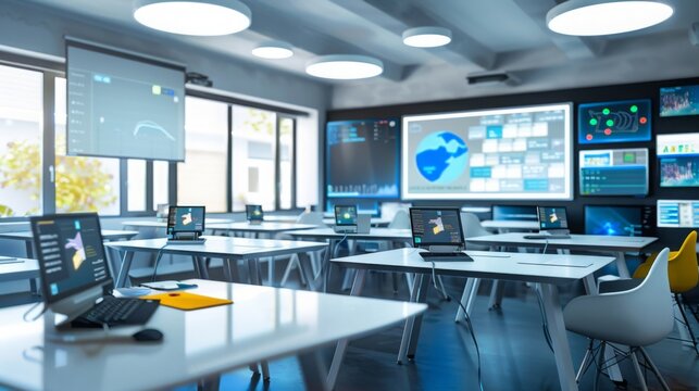 An image featuring e-learning platforms, showcasing modern and educational design in a setting of a digital classroom, emphasizing learning and technology. 