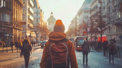 Fototapeta premium Create an image of a solo traveler exploring an unfamiliar city, featuring iconic landmarks and bustling streets, emphasizing independence and discovery. 