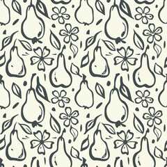 Fruit Pear hand drawn seamless pattern. Doodle ink paint brush stroke flower, monochrome rough line silhouettes. Transparent background. Vector