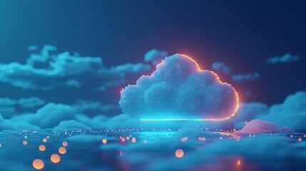 A surreal digital art of a glowing cloud floating in a dreamy sky, surrounded by other clouds and luminous orbs reflecting on water. 3D Illustration.