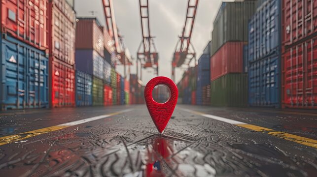 red location pin icon on background of cargo containers, container ship and shipping dock in the blue sky.