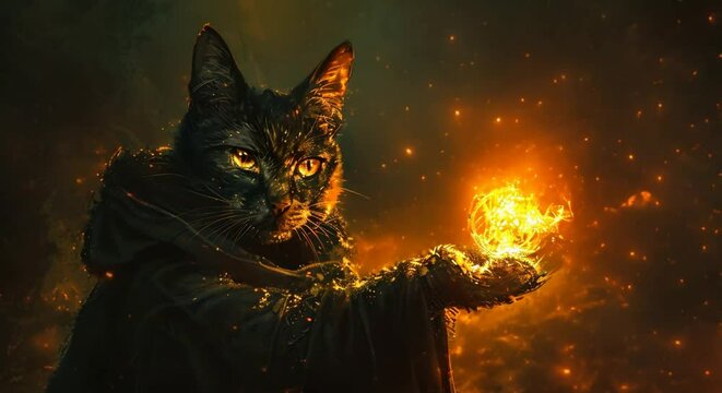 A feline mage its eyes glowing with eldritch fire casting a spell that brings a flickering flame to life the shadows dancing in the mystical light