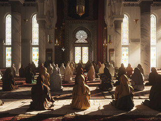 A group of people praying together in a mosque, cinematic style, CryEngine Rendering, Compositing Core, Unreal Engine, 8k, detailed, Octane render