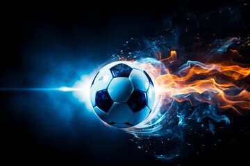 Fototapeta premium Football soccer ball on football play, flying burning ball with stadium play grass in background