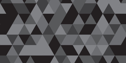 Abstract geometric black and gray background seamless mosaic and low polygon triangle texture wallpaper. Triangle shape retro wall grid pattern geometric ornament tile vector square element.