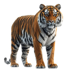 Obraz premium A majestic Bengal tiger stands with a fierce expression, its stripes and powerful stance on display.