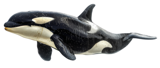 A killer whale with black and white markings swims in the ocean, isolated on a white background.