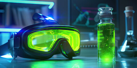 The Biocyber Butterfly: A vial of glowing green liquid and a pair of virtual reality goggles