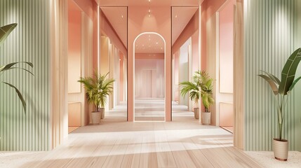 Fototapeta premium Serene empty hall with pastel-colored walls, large mirrors, and wooden elements, perfect for design inspirations