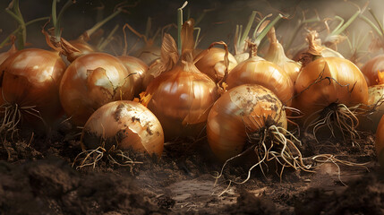 Freshly Harvested Onions with Dirt Clinging to Their Roots in the Morning Light