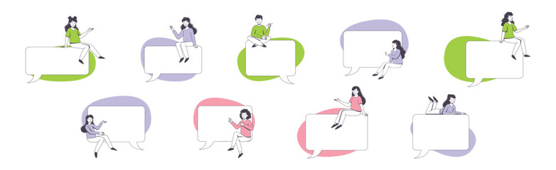 Communication Speech Bubble with People Character Sitting on It Vector Set
