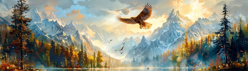 An eagle soars above a mountain lake, its wings outstretched against a backdrop of snow-capped peaks and dense forests