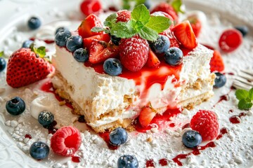 Berry pavlova topped with fresh strawberries, blueberries, and mint leaves, creating a vibrant and delicious dessert perfect for gourmet cuisine