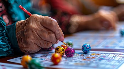  bingo cards and daubers, with numbers being marked off as the game progresses, showcasing the communal and social aspect of bingo nights. 