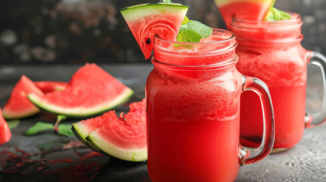 Two glasses of watermelon juice with a slice of watermelon on top