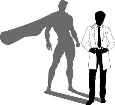 recommend clip art: A superhero male scientist, engineer, doctor or teacher in a lab white coat man. Revealed by his shadow silhouette as a super hero in a cape.