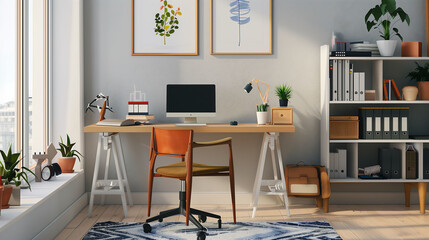 A chic home office setup with a sleek, modern desk and an ergonomic chair, accompanied by minimal decor and clean surfaces