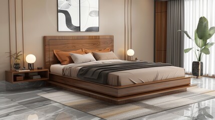 Modern bedroom with expensive flooring, paint and art work, side view, Neatly stacked bed sheet and pillows with good lighting and designer acrylic paint.