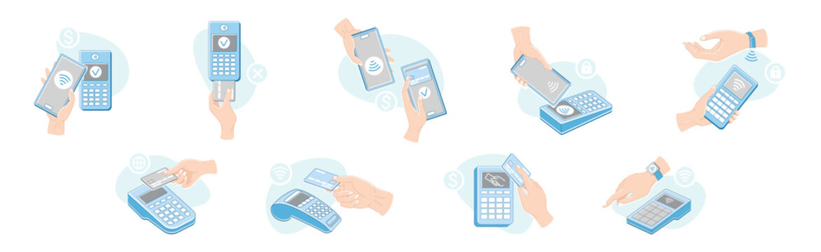 Contactless Payment with Hand Paying with Smartphone, Plastic Card and Wrist Watch Vector Set