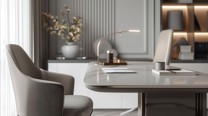 A close-up of a designer office space with clean lines, featuring a sleek desk and minimal decor in a neutral palette